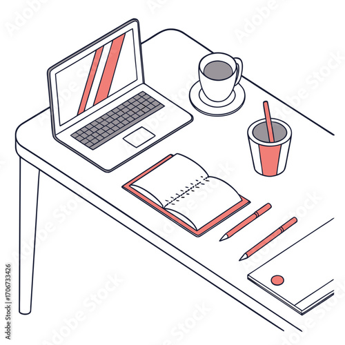 A clean isometric illustration of a desk setup featuring a laptop open notebook pens a cup of coffee and a pen holder perfect for study or work themes