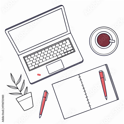 A clean and modern overhead view of a minimalist desk setup featuring a laptop open notebook pens a potted plant and a cup of coffee perfect for work or study themes