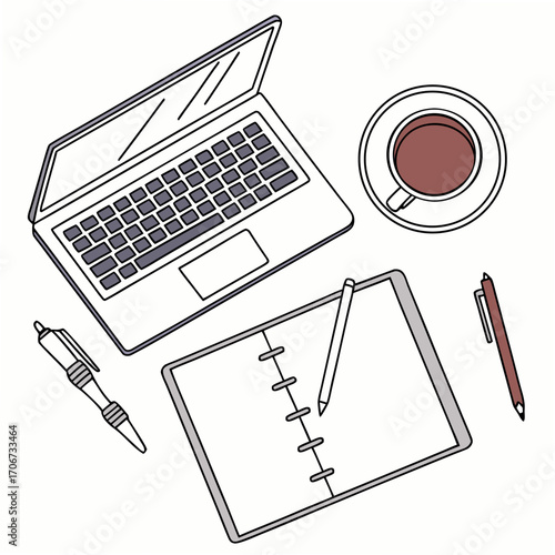 A clean overhead view of a modern desk setup featuring an open laptop a notebook with a pen a cup of coffee and a writing pen perfect for remote work or study concepts