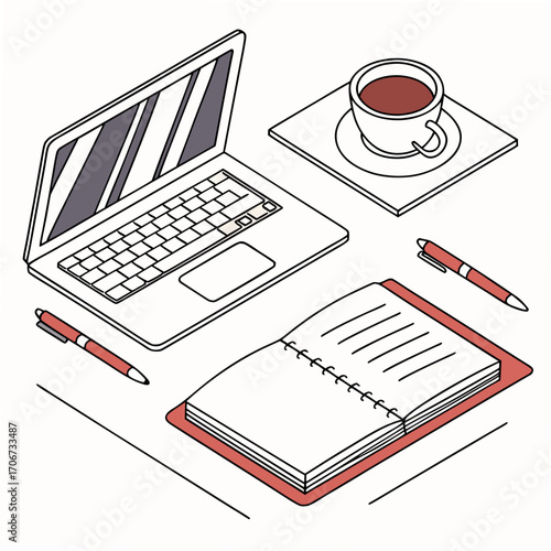 Isometric illustration of a modern desk setup featuring an open laptop a notebook with pens and a cup of coffee perfect for work and study themes