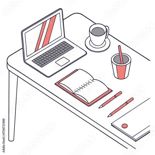 A clean isometric illustration of a desk setup featuring a laptop open notebook pens a cup of coffee and a pen holder perfect for study or work themes