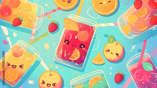 Flat vector comic style abstract background with fruit juice cute