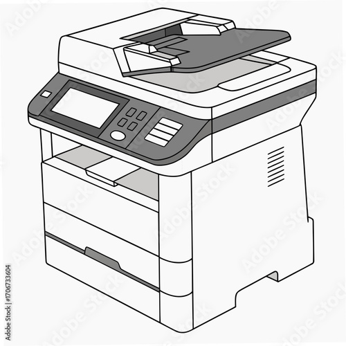 Modern office multifunction printer scanner copier with paper tray and control panel isolated on white background clean line art illustration
