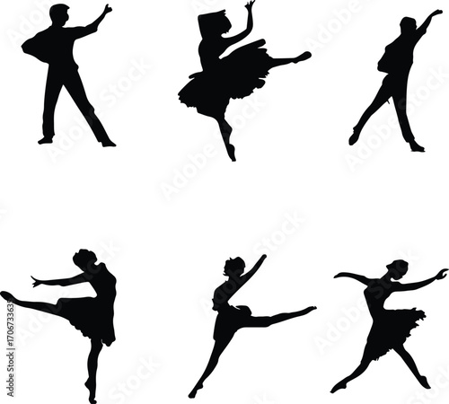Dynamic dance silhouette set for creative projects isolated on white background
