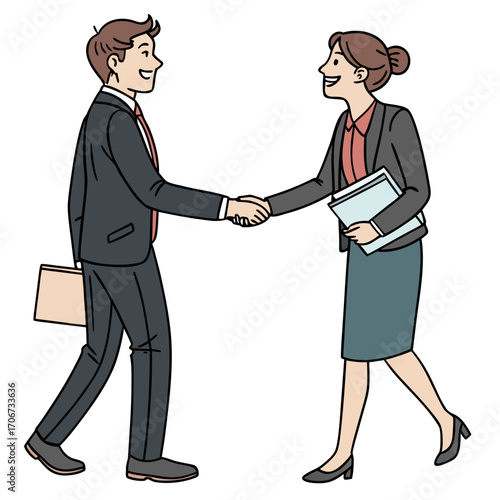 A smiling man and woman in business attire shake hands symbolizing a successful agreement partnership or job offer with a professional handshake