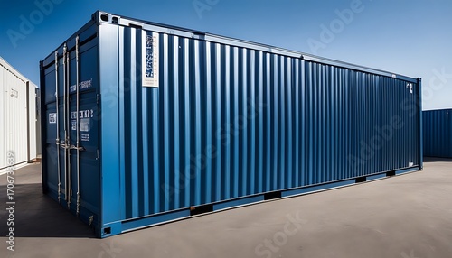 A long blue shipping container sits outside on a concrete pad under a clear blue sky day light