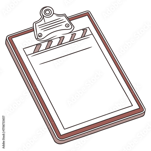 A simple illustration of a film clapperboard attached to a clipboard perfect for movie production notes and scene planning
