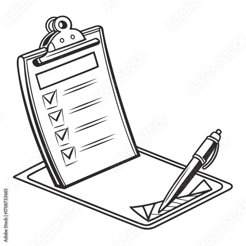 A hand drawn black and white illustration of a clipboard with a checklist and a pen poised to mark an item representing task completion and organization