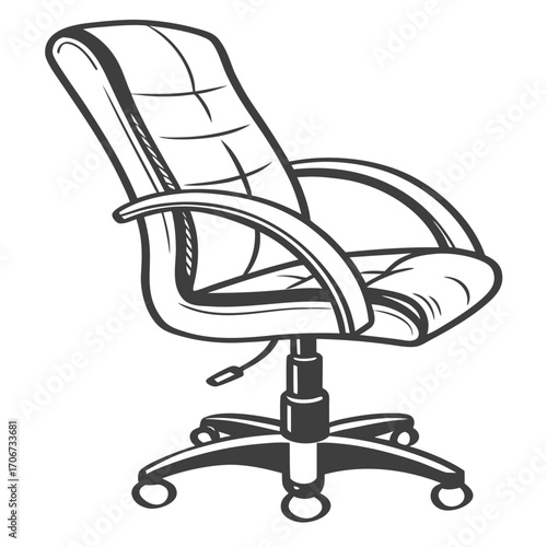 A detailed black and white illustration of a modern office chair with a high back and rolling casters perfect for design projects