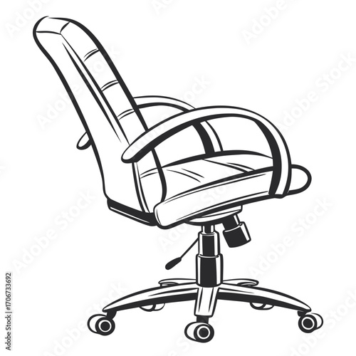 A stylized black and white line drawing of a comfortable office chair with a high back and armrests featuring a five star base with casters for easy mobility