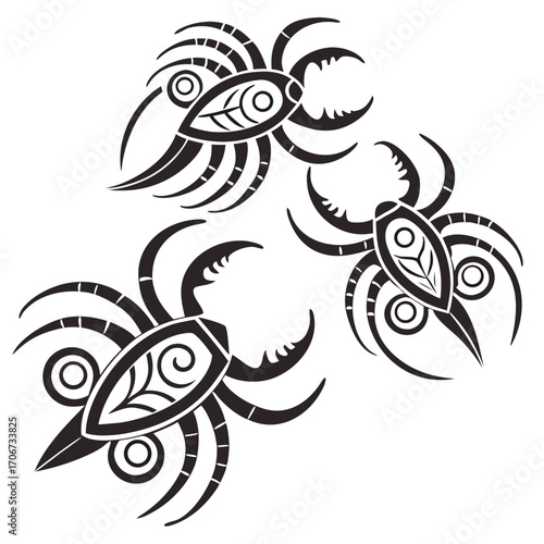 Tribal style black crab tattoo design elements featuring intricate patterns and sharp claws against a white background