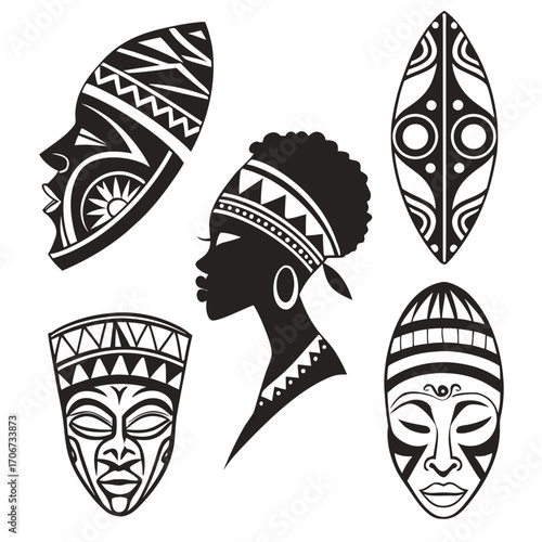 Collection of stylized black and white african tribal masks and a silhouette of a woman s head with traditional headdress and jewelry representing cultural heritage and art