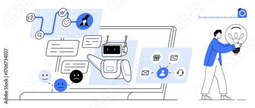 AI chatbot on a laptop guiding user through messages, emoticons, and workflows. Ideal for technology, automation, customer support, innovation, communication problem-solving digital tools. Simple