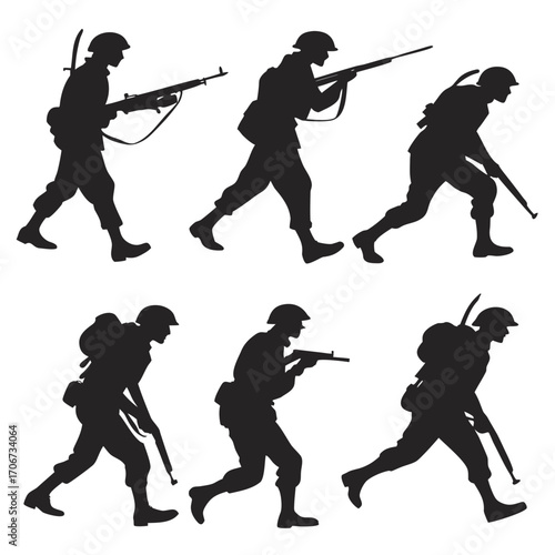 Silhouette of six soldiers in uniform with rifles and backpacks in different marching and advancing poses against a white background representing military action and combat readiness