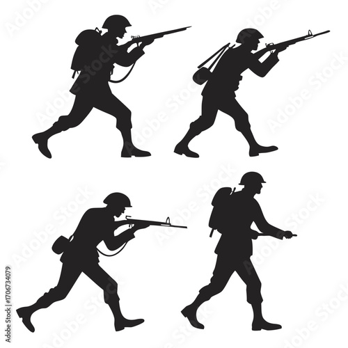 Silhouette of four soldiers in action poses with rifles and backpacks representing military combat and historical warfare scenes