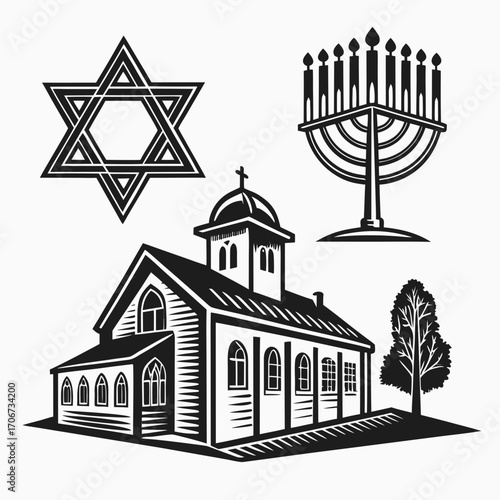 Collection of religious symbols including a christian church a star of david and a menorah representing diverse faiths and places of worship