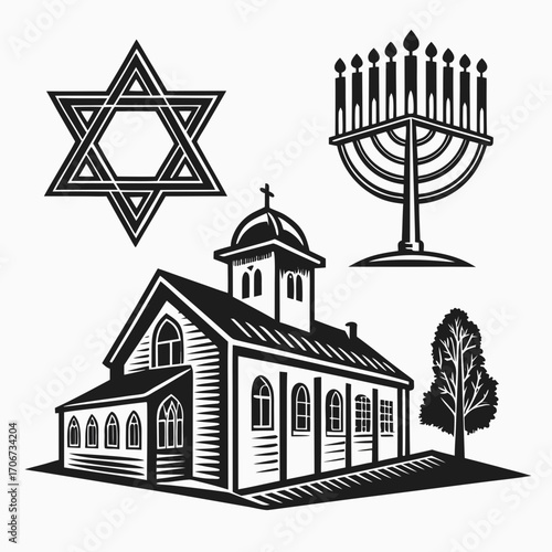 Collection of religious symbols including a christian church a star of david and a menorah representing diverse faiths and places of worship