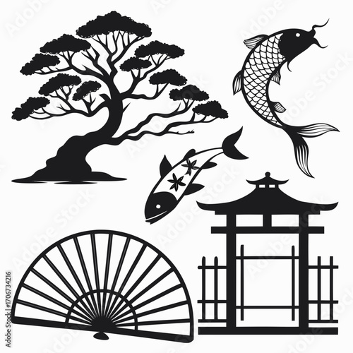 Collection of japanese cultural icons including a bonsai tree koi fish a traditional gate and a fan presented as black silhouettes on a white background