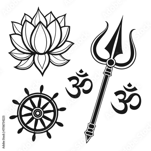 Collection of iconic hindu and buddhist symbols including a lotus flower om symbol dharma wheel and trishula trident presented in a clean black and white graphic style