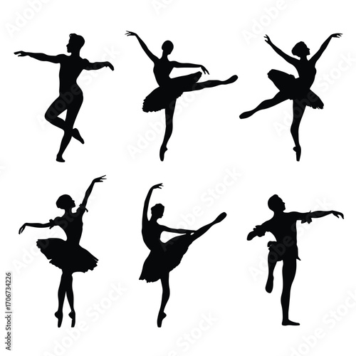 Collection of ballet dancer silhouettes in various poses isolated on white background