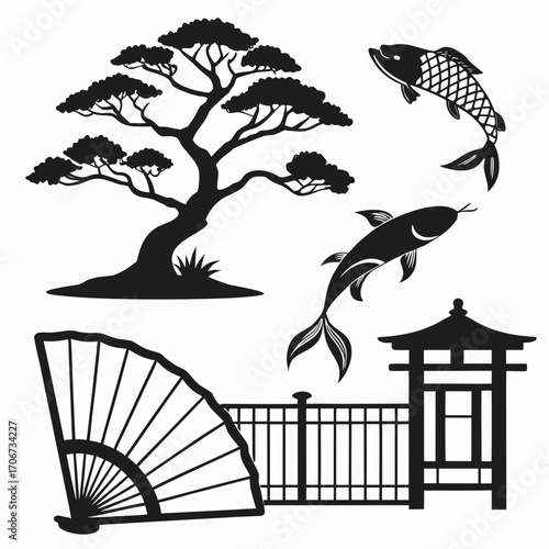 A collection of black silhouette icons representing traditional japanese elements including a bonsai tree koi fish a folding fan a garden gate and a pagoda