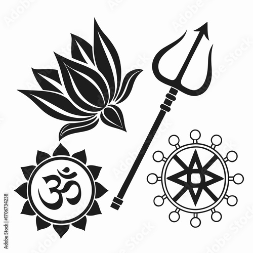 Collection of hindu religious symbols including om lotus flower trishul trident and dharma chakra wheel isolated on white background representing spirituality and faith