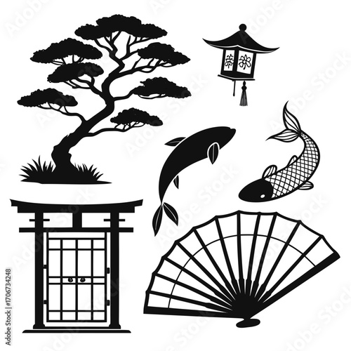 Collection of japanese cultural icons in silhouette including a bonsai tree torii gate koi fish paper lantern and a folding fan perfect for design elements