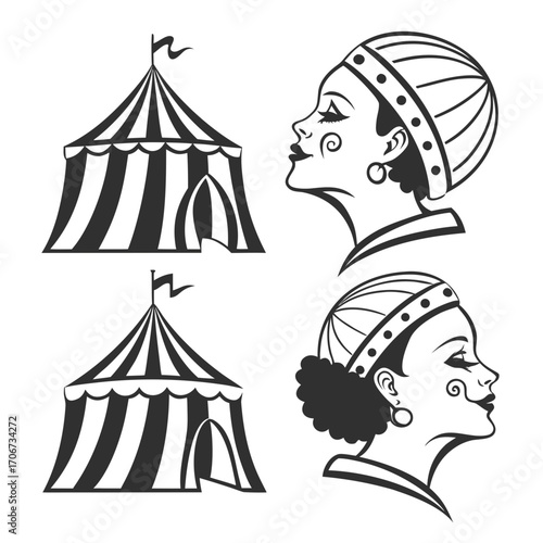 Vintage circus tent and profile portraits of elegant women in costume with theatrical makeup and headwear presented in a classic black and white graphic illustration style