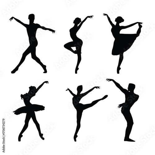Dynamic ballet dancer poses black and white silhouette isolated on white background