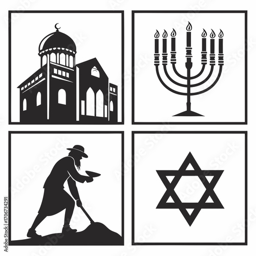 A collage of four black and white graphic icons representing religious and cultural symbols including a mosque a menorah a figure digging and the star of david