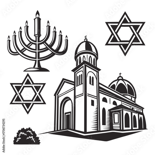 Collection of religious symbols including a menorah star of david and a church building representing diverse faiths and spiritual practices