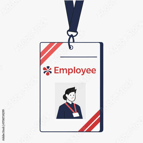 Employee identification badge with lanyard and photo id of a smiling person wearing a dark blue shirt and red lanyard representing access and belonging within a company