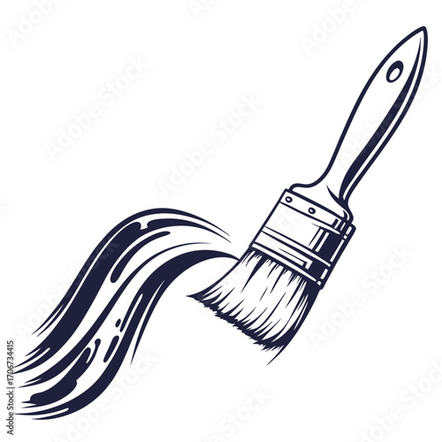 A stylized illustration of a paintbrush creating a sweeping stroke of dark paint against a white background symbolizing creativity and artistic expression