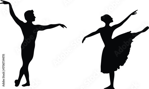 Set of ballet dancer silhouettes in various poses isolated on white background