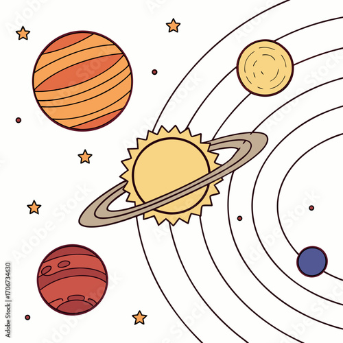 A whimsical illustration of a stylized solar system with the sun ringed planet and other celestial bodies orbiting against a starry background