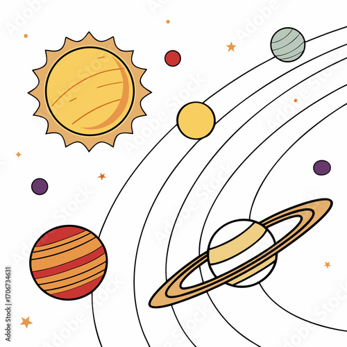 A whimsical cartoon illustration of a solar system featuring the sun planets and stars orbiting in a stylized manner against a clean white background