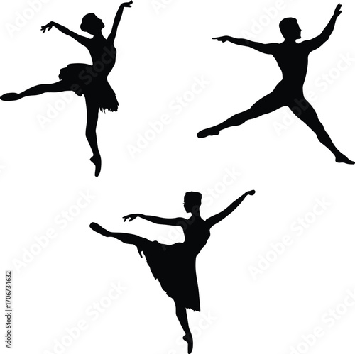 Collection of ballet dancer silhouettes in various graceful poses isolated on white background silhouette
