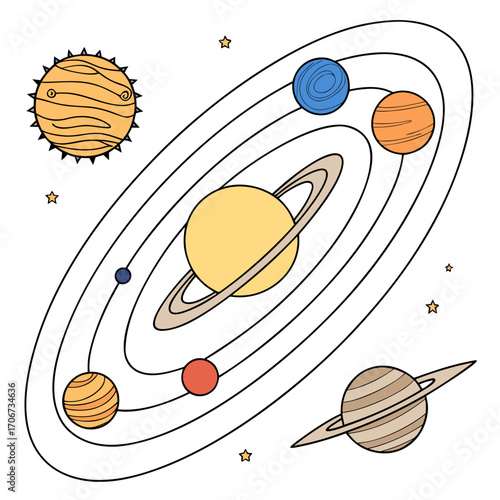 A stylized illustration of the solar system showing the sun and planets orbiting on elliptical paths with stars scattered in the background