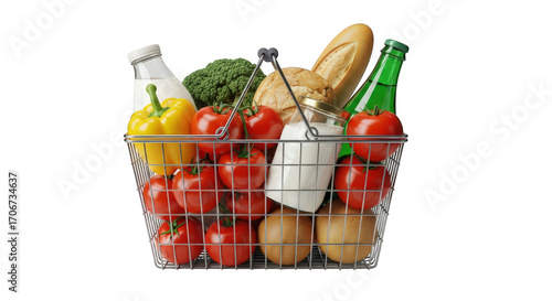 A Vibrant Grocery Basket Overflowing with Fresh Produce and Pantry Staples on a Transparent Backdrop, Perfect for Healthy Eating and Lifestyle Visuals, Studio Shot
