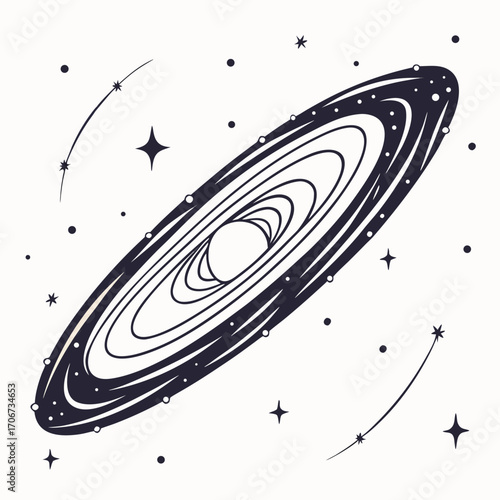 Stylized illustration of a swirling galaxy with concentric rings and stars against a white background evoking a sense of cosmic wonder and deep space exploration