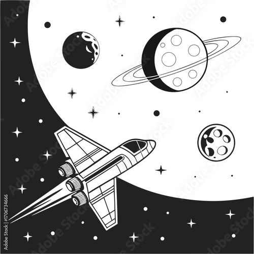 A stylized black and white illustration of a rocket ship soaring through outer space past planets and stars creating a sense of adventure and exploration