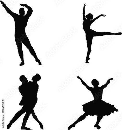 Dynamic dancers silhouette set in black and white isolated on white background