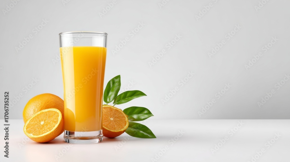 Fototapeta premium Zesty Orange Delight: a glass of freshly squeezed orange juice and fresh orange slice sits on a smooth white surface and creates an inviting sense of refreshment and taste.