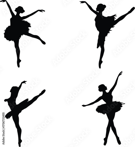 Set of graceful dancing ballerina silhouettes in various poses isolated on white background