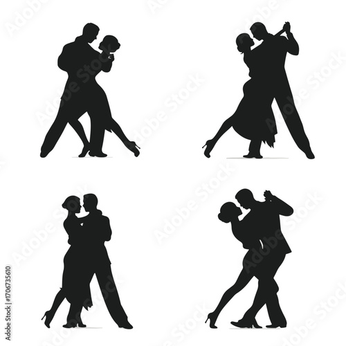 Elegant dancing couple silhouette set isolated on white background