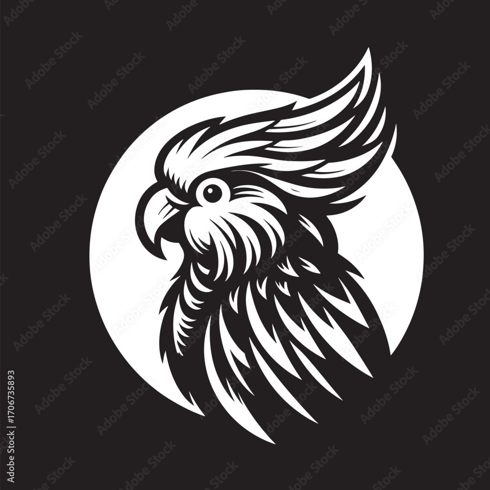 Obraz premium Rooster head with white circle on black background. Vector illustration