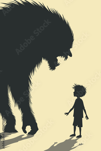 Child Facing Monster Shadow – Fear, Trauma and Psychological Concept Vector Illustration