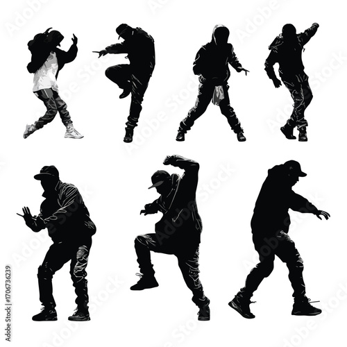 Dynamic hip hop dancers silhouette set isolated on white background