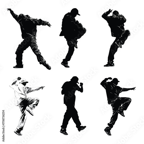 Dynamic hip hop dance silhouette set isolated on white background