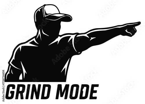 A black and white illustration of a person in a baseball cap pointing forward with the words "GRIND MODE" below.